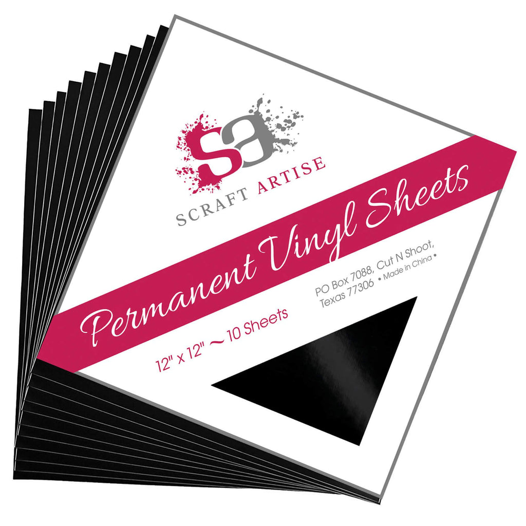 Black permanent vinyl sheets fanned out with package cover showing description of contents